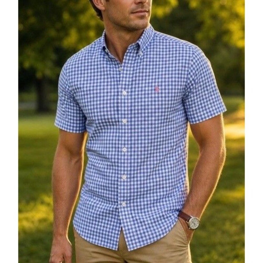 Ralph Lauren Blue Gingham Check Shirt Button Down Sz Large Short Sleeve Preppy